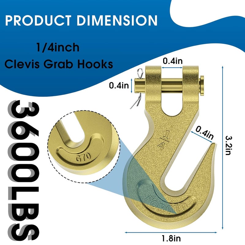 AODESTINY 1/4" Heavy Duty Chain Hook, 4 Pack Clevis Grab Hook for 1/4" Grade 70 Transport Chain, 3600LBS Load Capacity for Truck Trailer Tow Chain Transport Heavy Load - Image 2